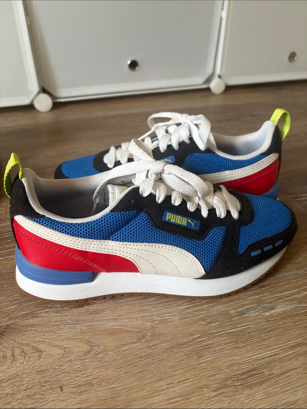Puma Kids Blue Red White Retro Runner Sneakers with Neon Pull Tab